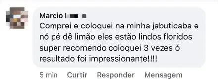 Comentário público de cliente no anúncio: usou na jabuticaba e no pé de limão, aplicou 3 vezes e o resultado foi impressionante